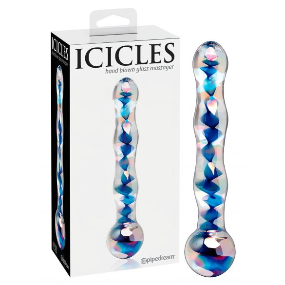 Icicles No. 08 - falowany, dwustronny, szklany dildo (przezroczysty-niebieski)