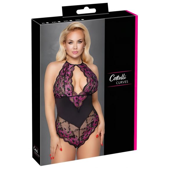 Cottelli Plus Size - kwiatowy body (czarno-fioletowy)