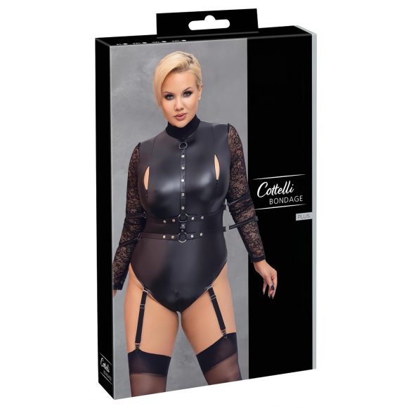 Cottelli Bondage Plus Size - koronkowe body z długim rękawem (czarne) - 3XL