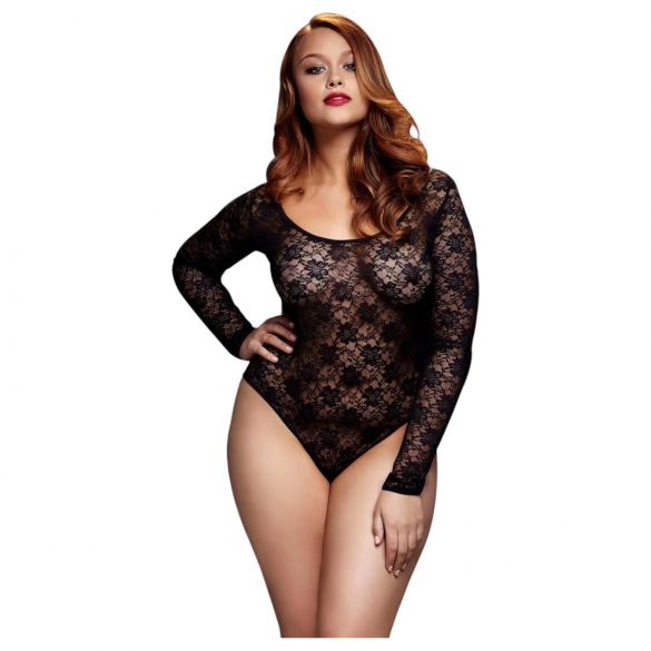 BACI Plus Size koronkowe body z długim rękawem - czarne (XL-XXL)